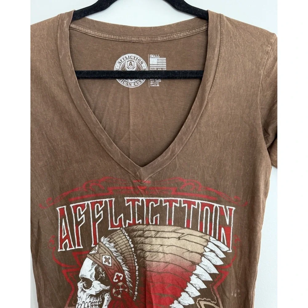 Y2K Affliction American Customs Motorcycle Distressed Shirt Brown Women's Size S